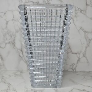 Heavy Clear Crystal Ribbed Tapered Rectangular Vase 10 Inch Modern Decor
